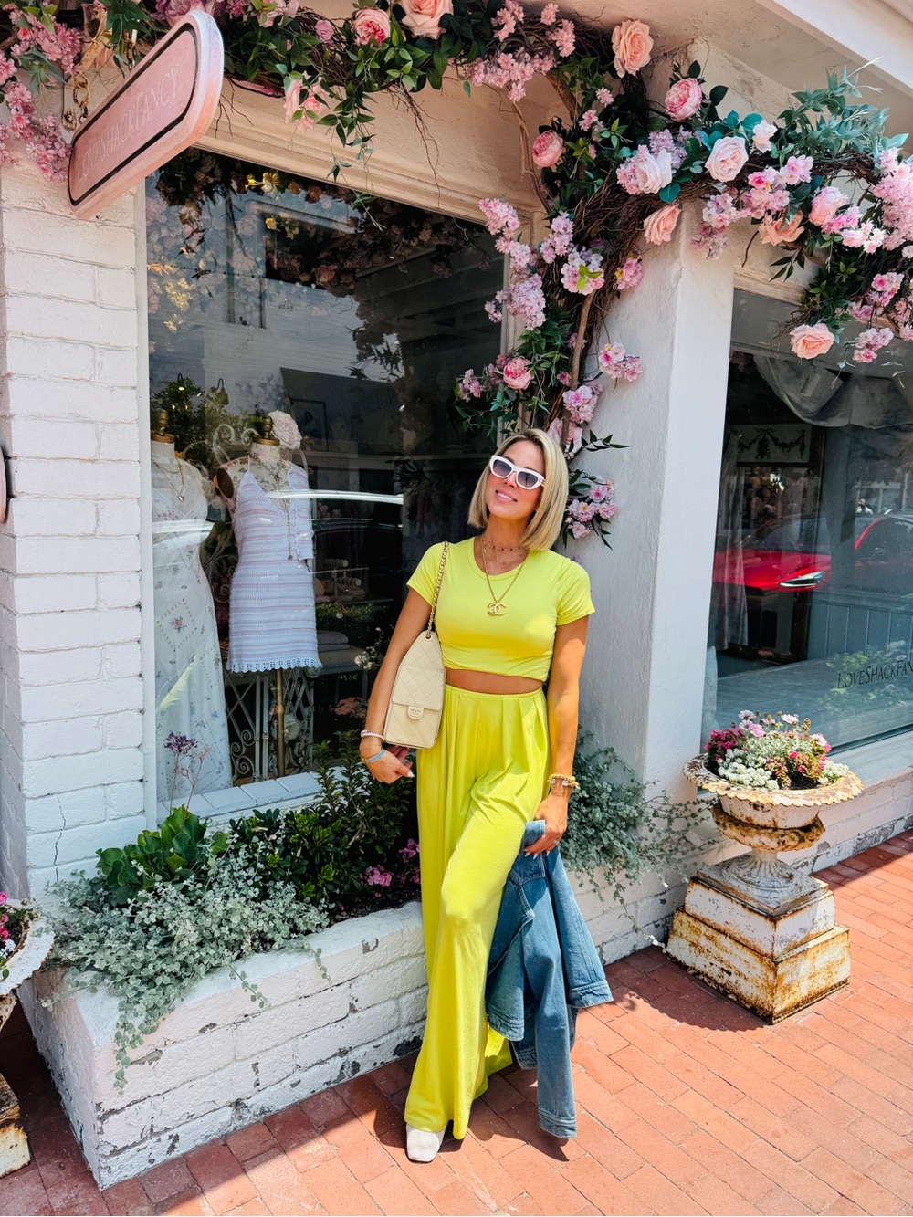 Stylish Women's Chartreuse Crop Top & Wide-Leg Pants Set